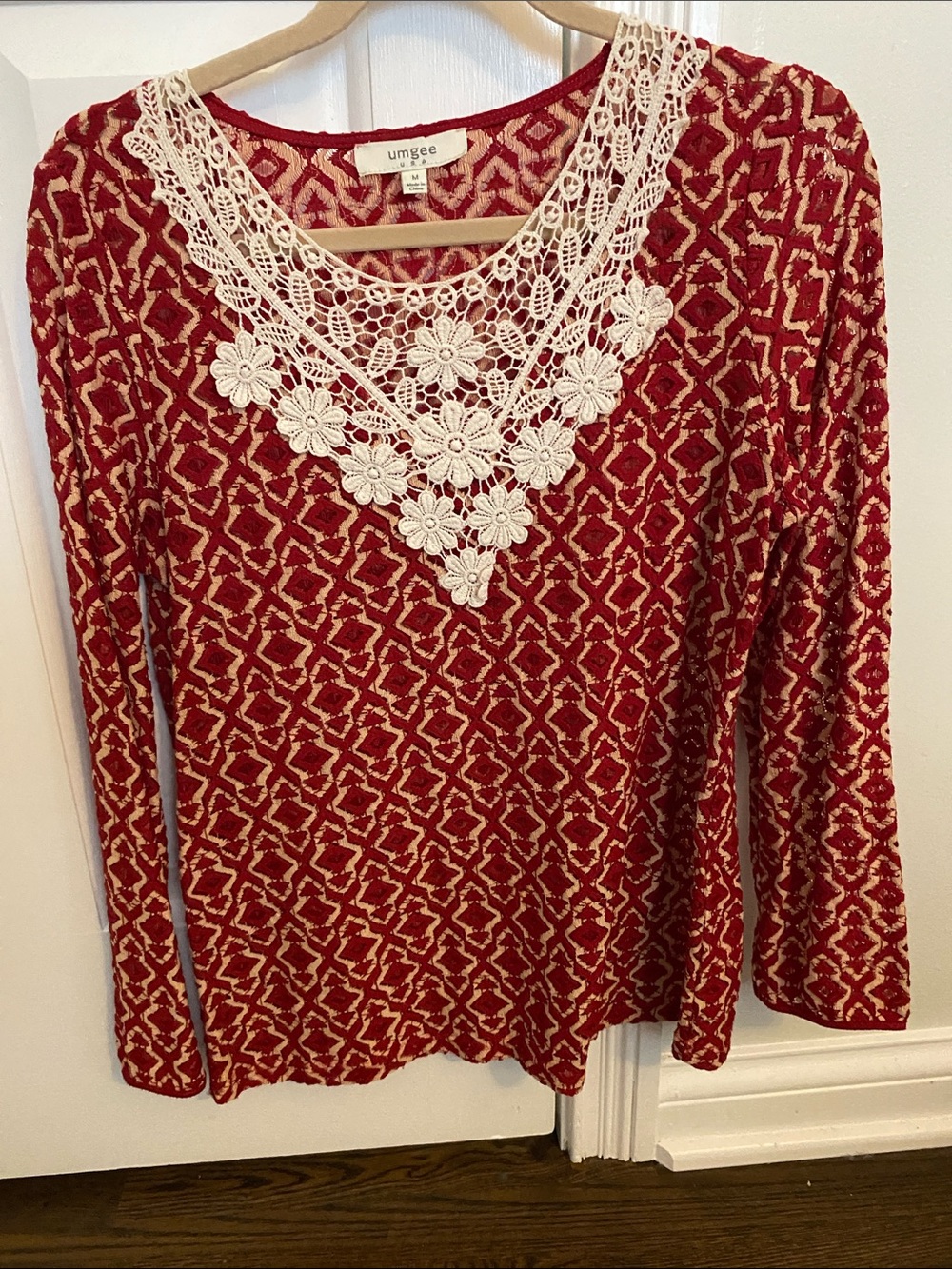 Umgee Red Patterned Long Sleeve Top with Cream Crochet Neckline
